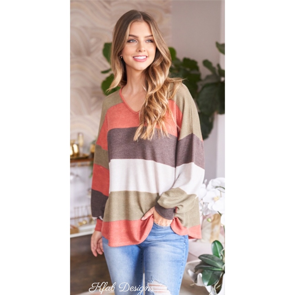 LAST ONE! V Neck Multicolor Rust Striped Puff Sleeve Top! - Picture 2 of 4